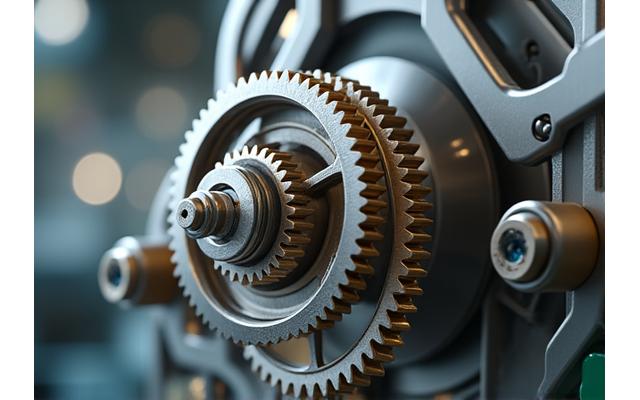 Mecanismo de engrenagens de precisão em funcionamento, com iluminação de estúdio focada