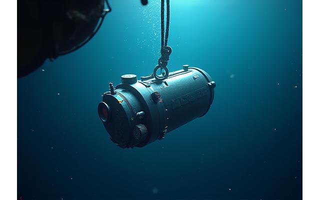 Equipamento científico subaquático com sensores e luzes, a ser preparado num navio de investigação