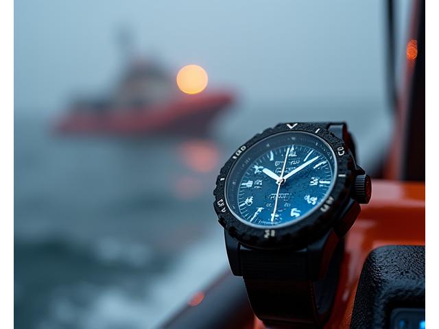 Um cronómetro marítimo compacto e robusto instalado no painel de controlo de um bote de salvamento