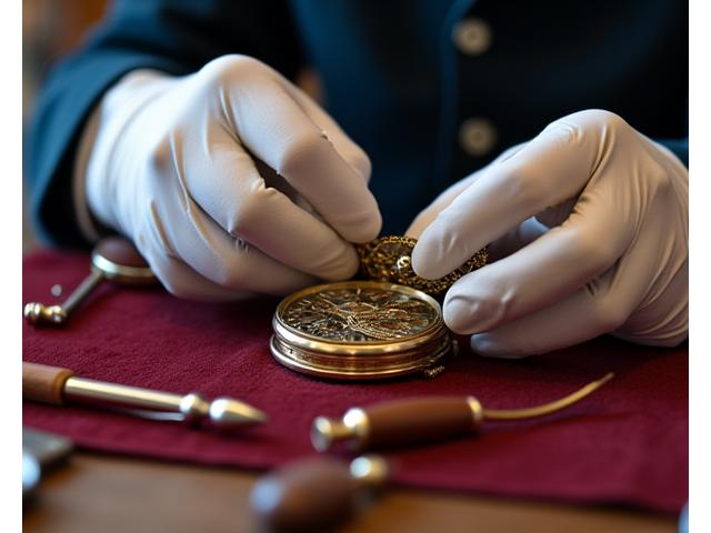 Mão de relojoeiro a restaurar um cronómetro de bronze antigo e complexo