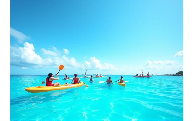 Pessoas a praticar desportos aquáticos no mar