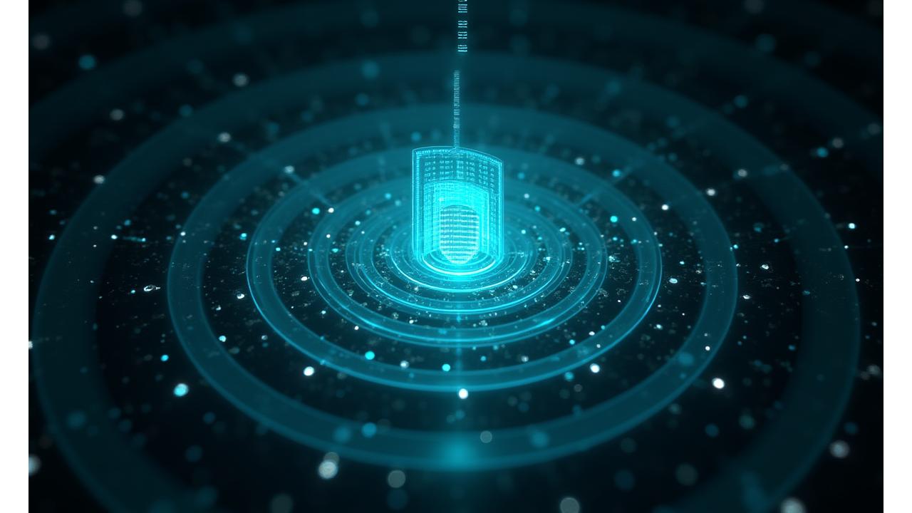 Representação visual de múltiplas camadas de segurança digital, com escudos e cadeados, simbolizando a proteção abrangente de dados.