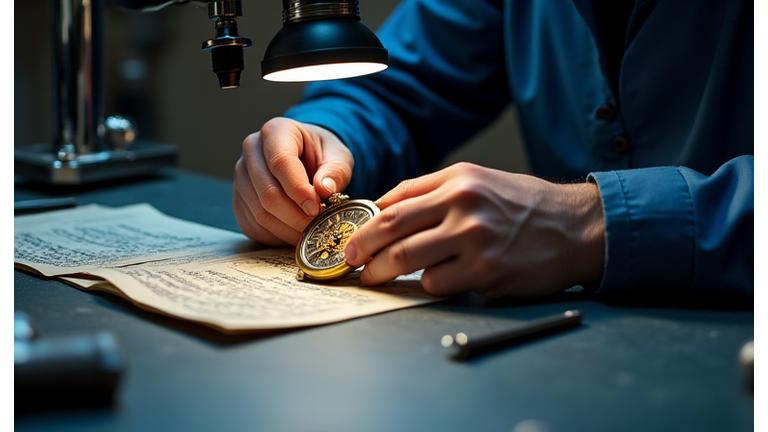 Técnico examinando um cronómetro antigo com ferramentas de precisão e lupa