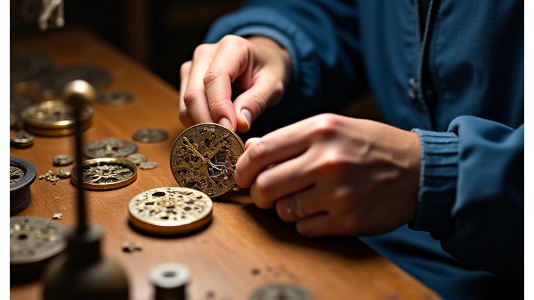 Restaurador usando ferramentas manuais para trabalhar num mecanismo delicado de um relógio antigo