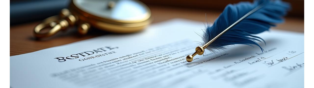 Documento legal assinado com uma pena e um cronómetro marítimo antigo.